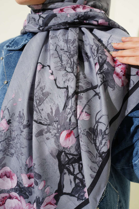 Écharpe douce fleurie 120 cm gris