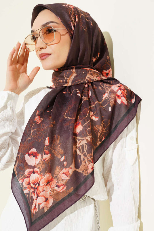 120 cm Çiçekli Soft Eşarp Mürdüm
