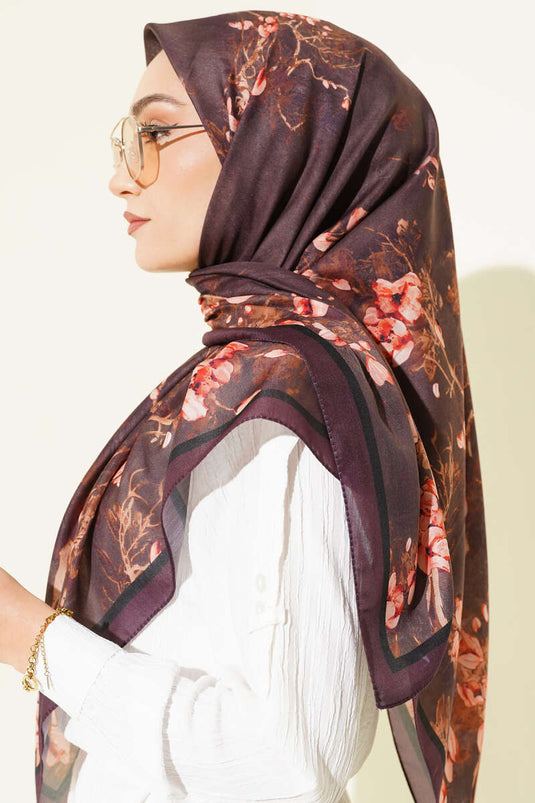 120 cm Çiçekli Soft Eşarp Mürdüm