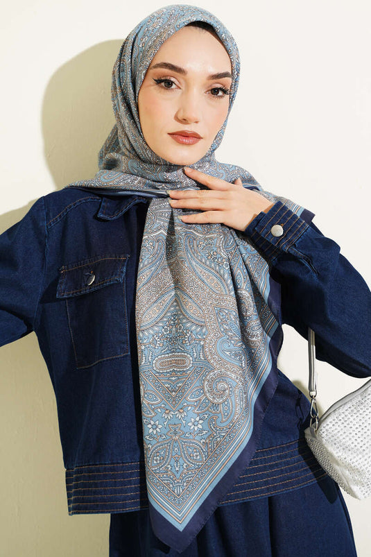 120 cm Etnik Desen Eşarp Mavi
