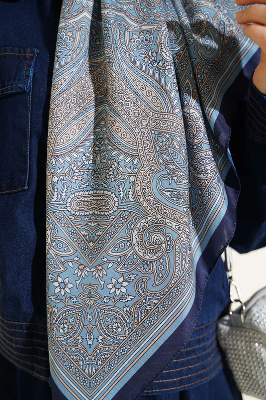 120 cm Etnik Desen Eşarp Mavi