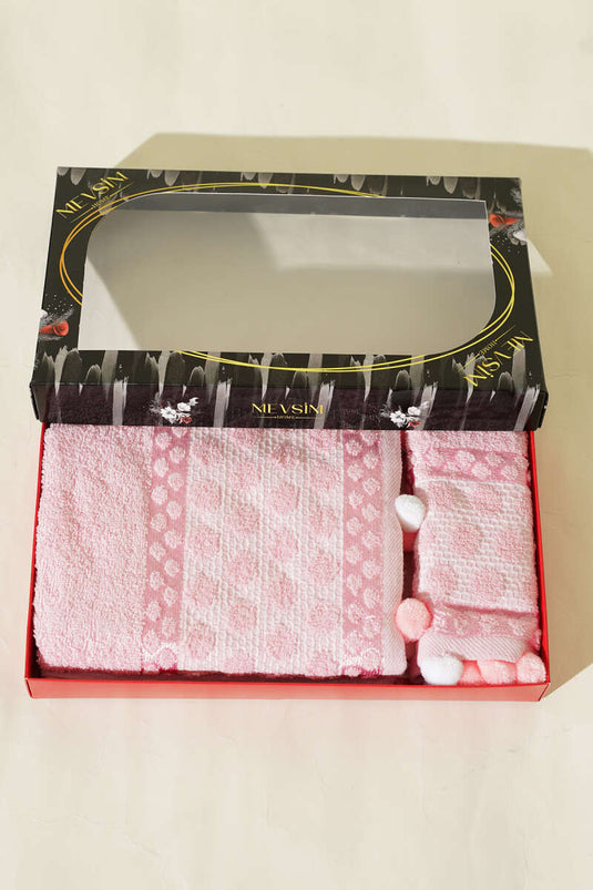 2-Piece Towel Set with Pom-Poms Pink