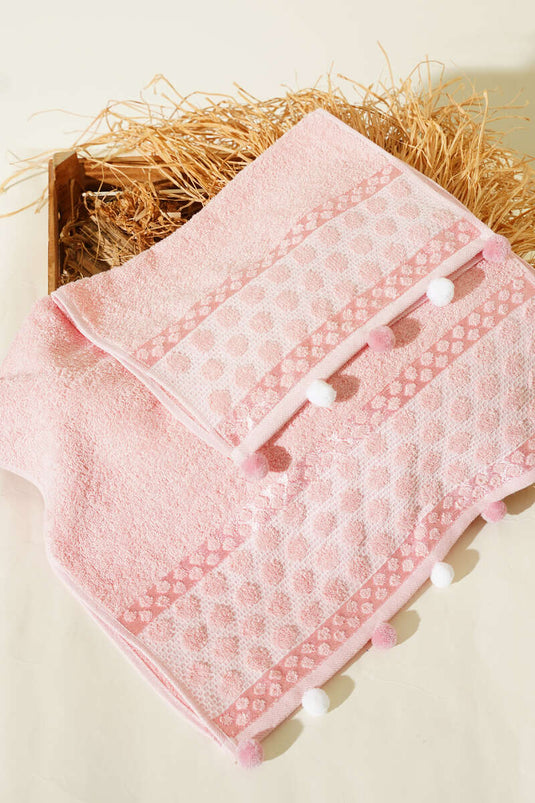 2-Piece Pom-Pom Towel Set in Coral Pink