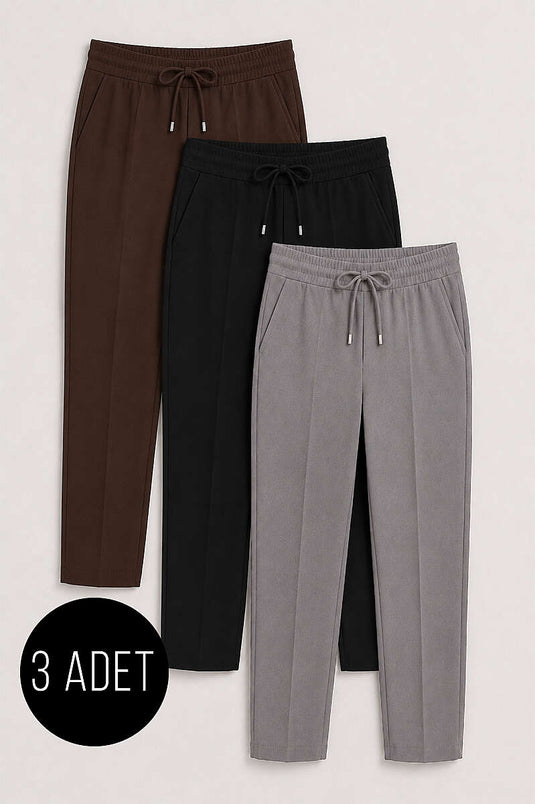 3'lü Beli Lastikli Dar Paça Pantolon Asorti 7
