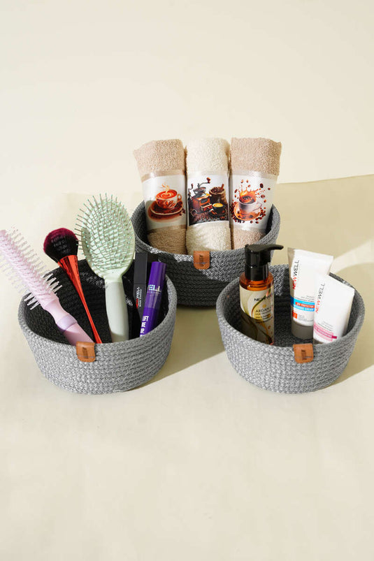 سلة خوص من ثلاث قطع، رمادية اللون