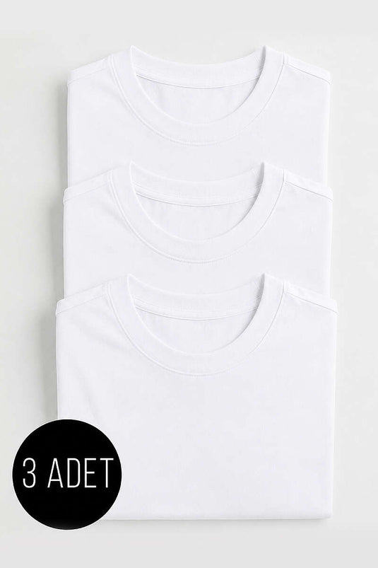 3'lü Kısa Kollu Oversize Erkek T-shirt Beyaz