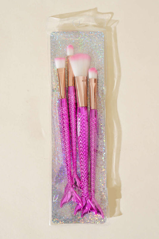 Lot de 4 pinceaux de maquillage brillants en forme de poisson fuchsia