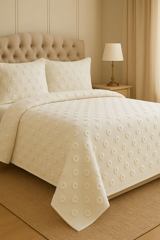 طقم لحاف سرير مزدوج من 6 قطع، لون كريمي