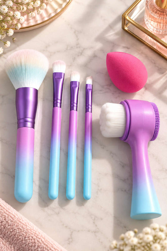 6 Piece Makeup Brush & Cleaning Set Blue
