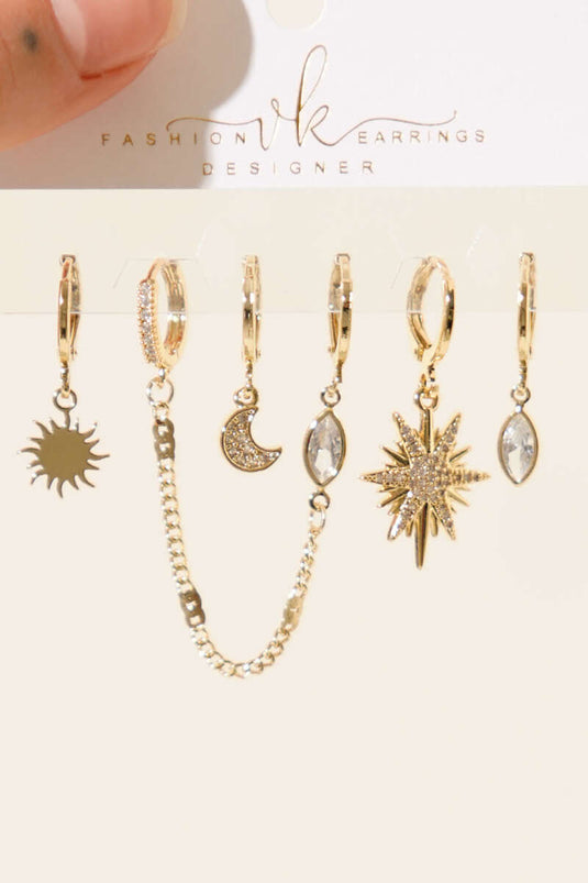 6-Piece Combination Moon Shaped Earring Set in Gold