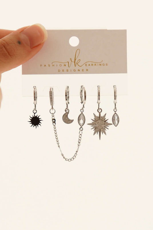 6-Piece Combination Moon Shaped Earring Set, Silver