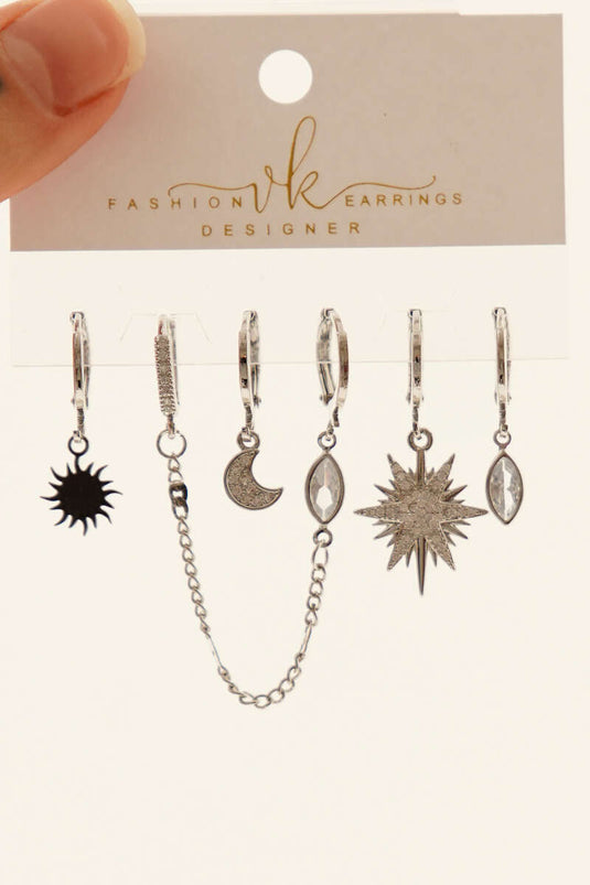 6-Piece Combination Moon Shaped Earring Set, Silver