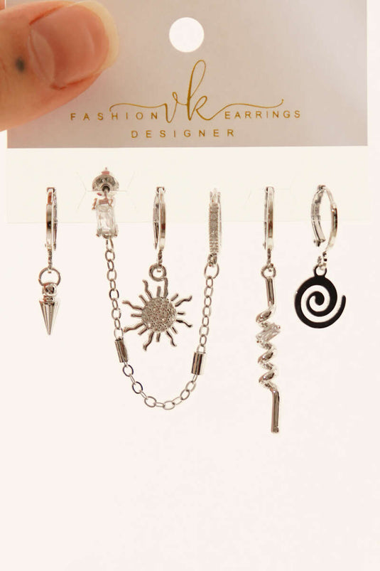 6-Piece Combination Mini Stone Earrings Set Silver