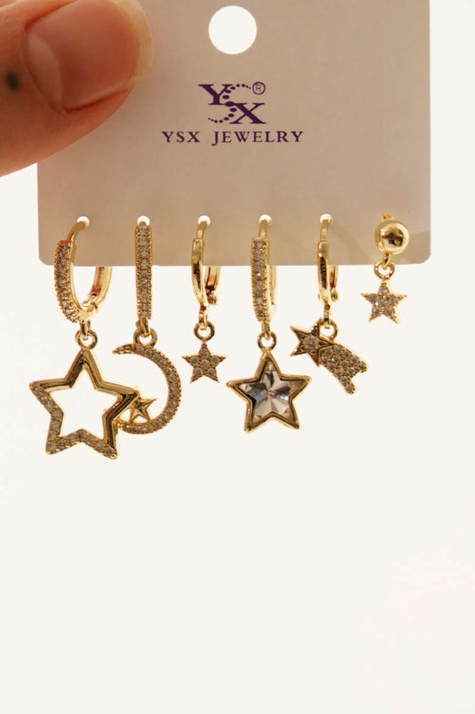 Set of 6 Stone Star Shaped Earrings in Gold