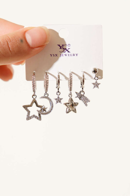 Set of 6 Silver Star-Shaped Earrings with Stones