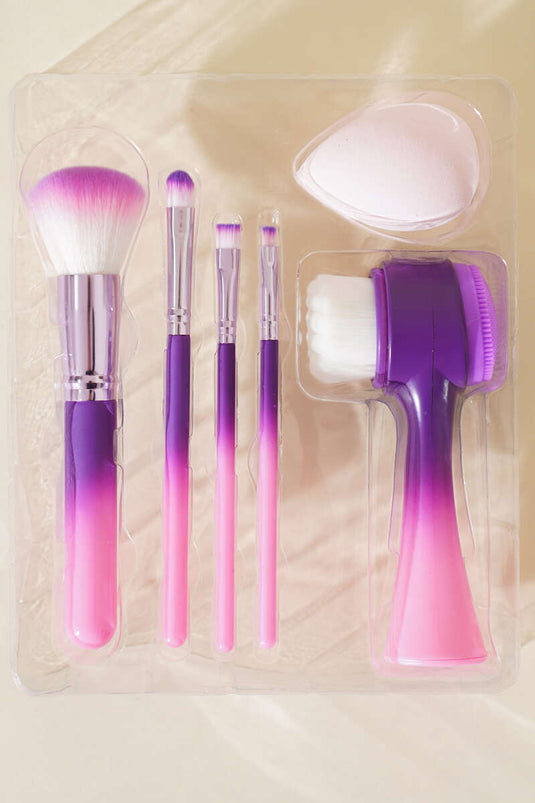 Ensemble de 6 pinceaux de maquillage + brosse nettoyante visage rose