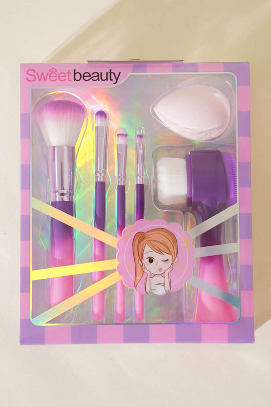 Ensemble de 6 pinceaux de maquillage + brosse nettoyante visage rose