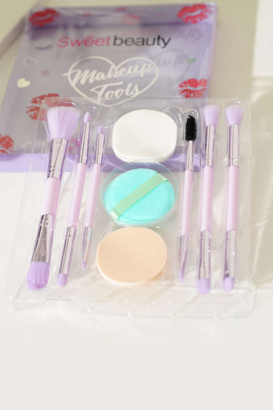 طقم فرش مكياج مكون من 6 قطع مع إسفنجة بودرة، لون بنفسجي