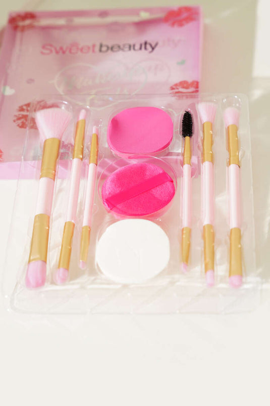 مجموعة فرش مكياج مكونة من 6 قطع، إسفنجات بودرة، لون وردي