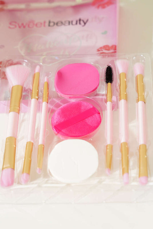 مجموعة فرش مكياج مكونة من 6 قطع، إسفنجات بودرة، لون وردي