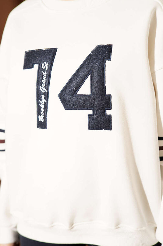 سويت شيرت مطبوع بثلاثة خيوط، لون بيج فاتح