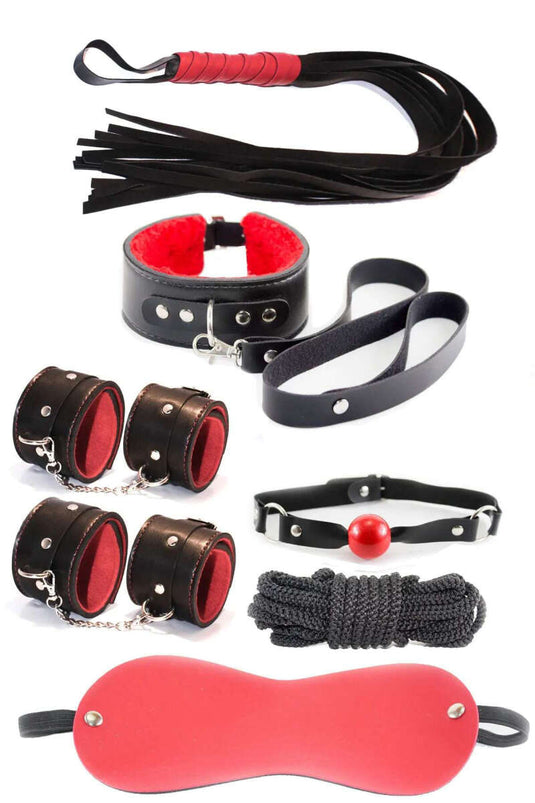 7-Piece Fantasy Handcuff Whip Set Black Red