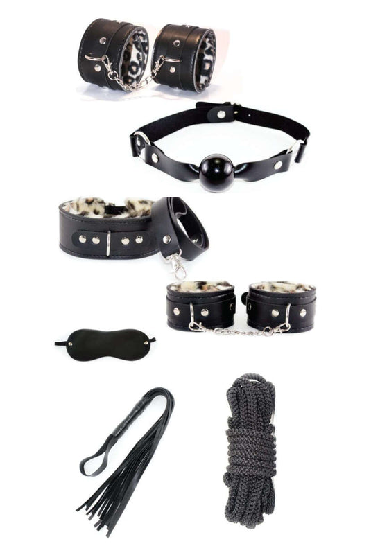 7-Teiliges Fantasy-Handschellen-Peitschen-Set, Schwarzer Leopard