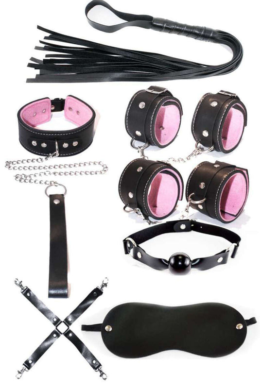 مجموعة سوط يدوية خيالية مكونة من 7 قطع باللون الأسود والوردي