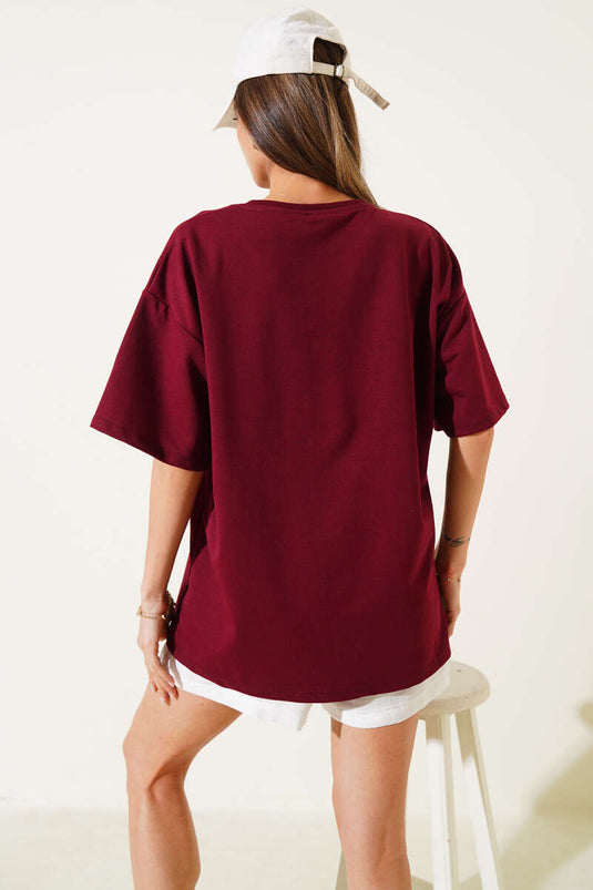 90's Printed Short Sleeve Shirt Burgundy