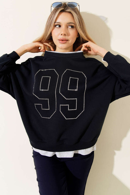 99 Taş Yazılı Sweatshirt Lacivert