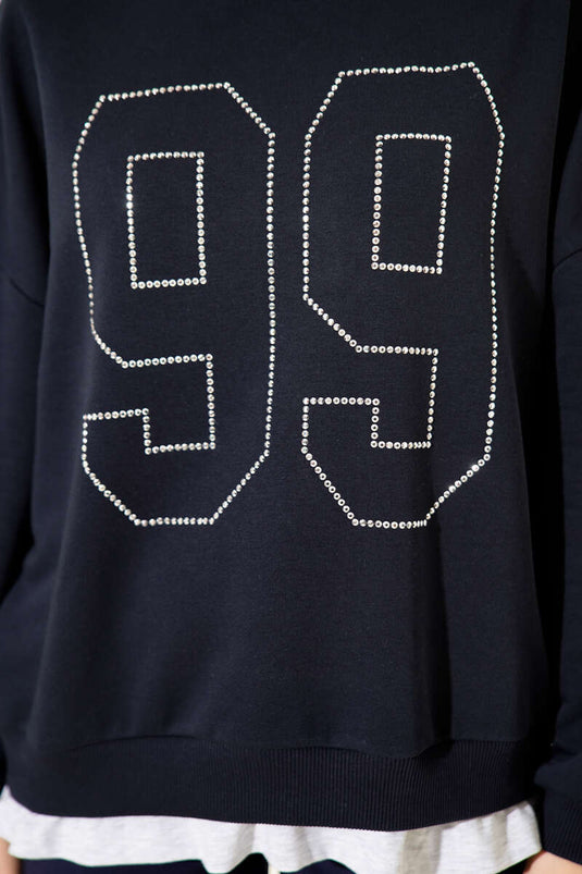99 Taş Yazılı Sweatshirt Lacivert