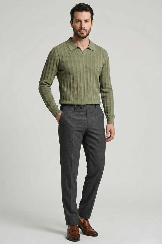 Açık Polo Yaka Erkek Örme Kazak Haki