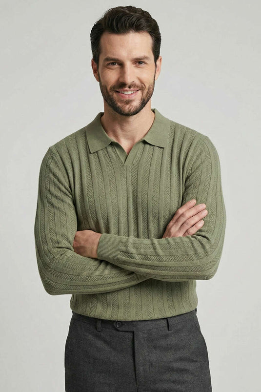 Açık Polo Yaka Erkek Örme Kazak Haki