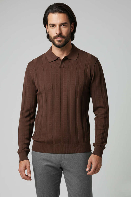Men's Open Collar Polo Shirt Knitted Sweater, Brown