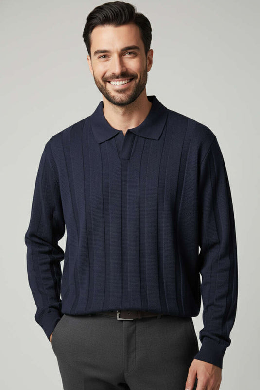 Men's Open Polo Collar Knitted Sweater Navy Blue