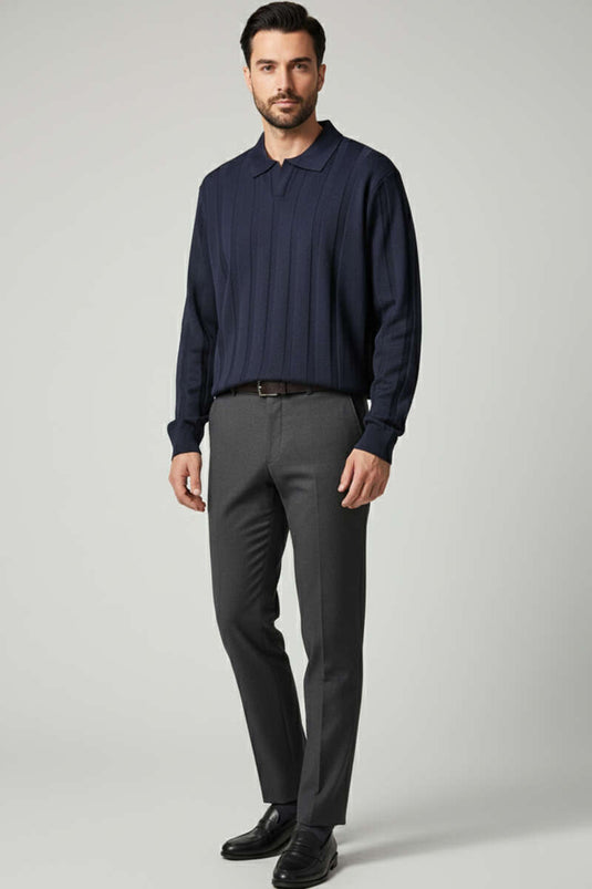 Men's Open Polo Collar Knitted Sweater Navy Blue