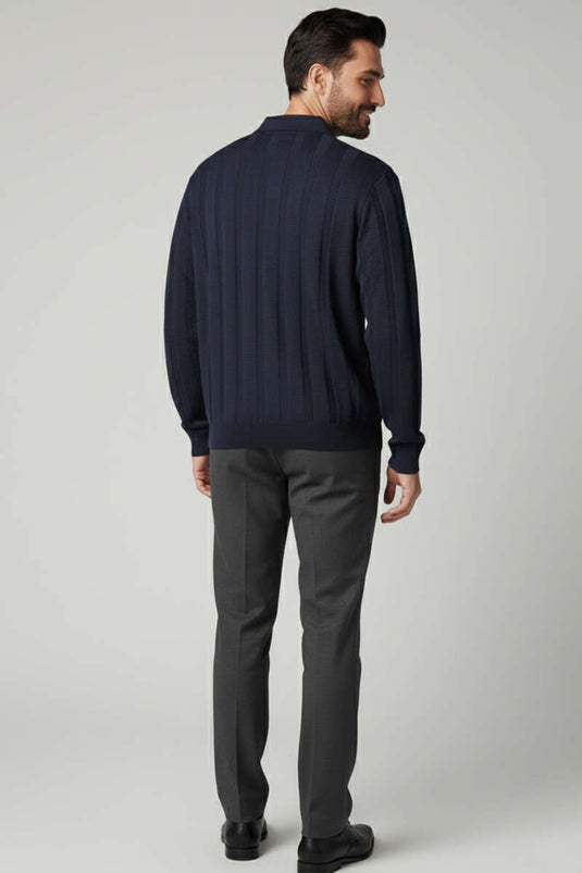 Men's Open Polo Collar Knitted Sweater Navy Blue