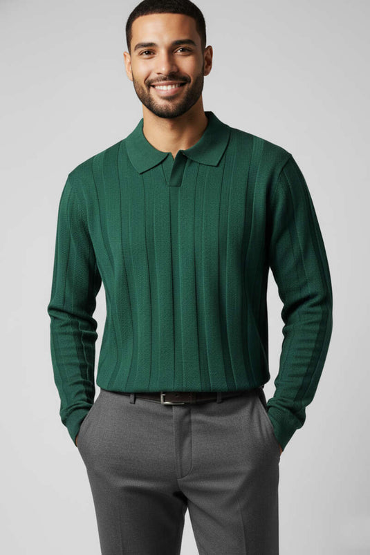 كنزة صوفية رجالية مفتوحة الياقة بياقة بولو، لون أزرق داكن