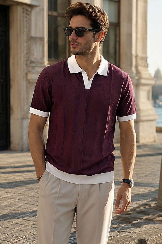 T-shirt homme à col polo ouvert couleur mûre