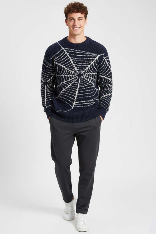 Mesh Pattern Knitted Sweater for Men, Navy Blue