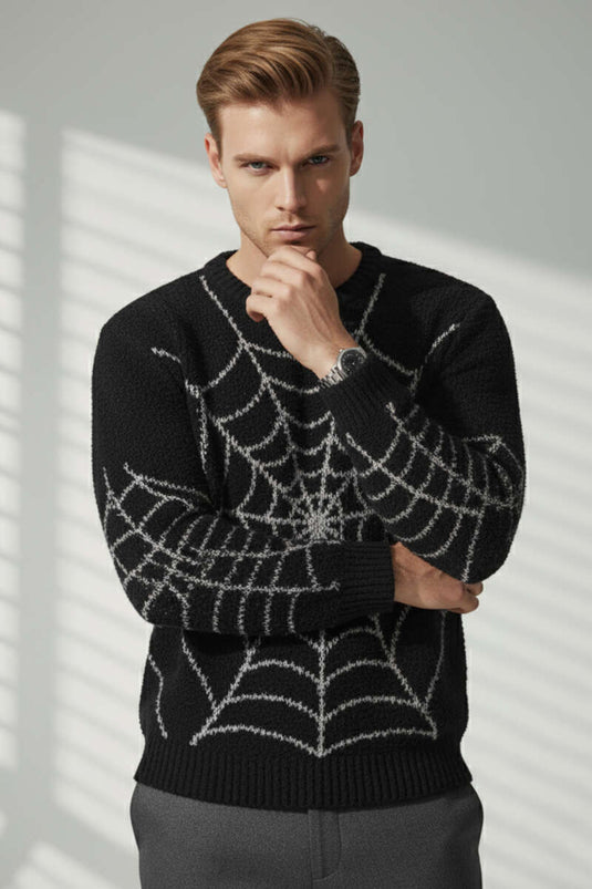 Ağ Desen Örme Triko Erkek Kazak Siyah