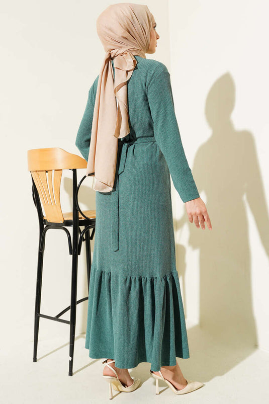 Tree Bark Belted Ruffled Dress Green