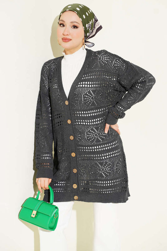 Cardigan en tricot ajouré anthracite avec boutons en bois