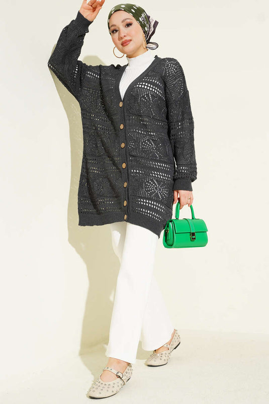 Cardigan en tricot ajouré anthracite avec boutons en bois