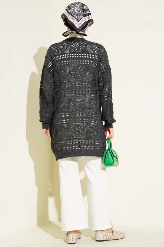 Cardigan en tricot ajouré anthracite avec boutons en bois