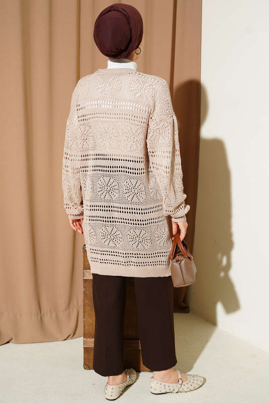 Beige Wooden Button Openwork Knit Cardigan