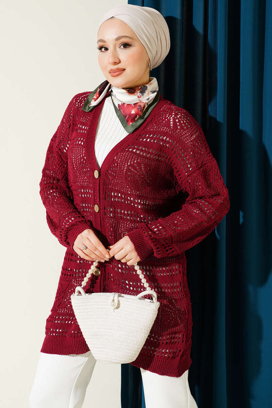 Ahşap Düğmeli Ajurlu Triko Hırka Bordo