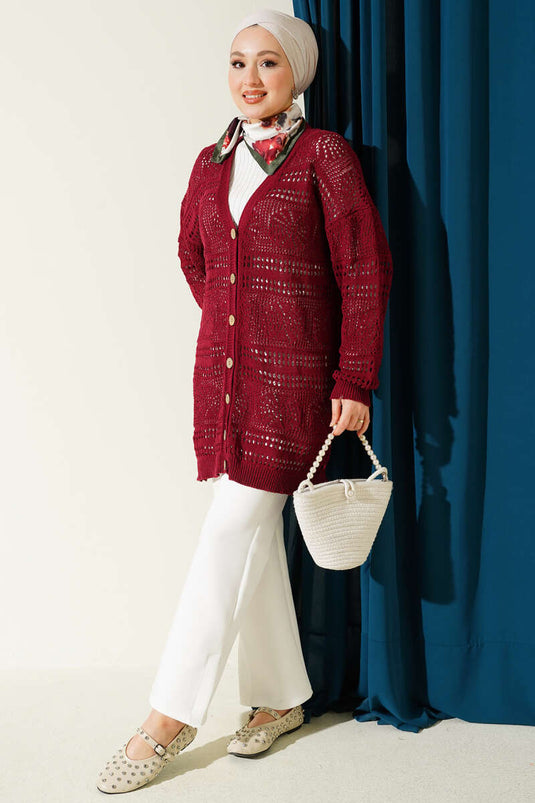 Ahşap Düğmeli Ajurlu Triko Hırka Bordo