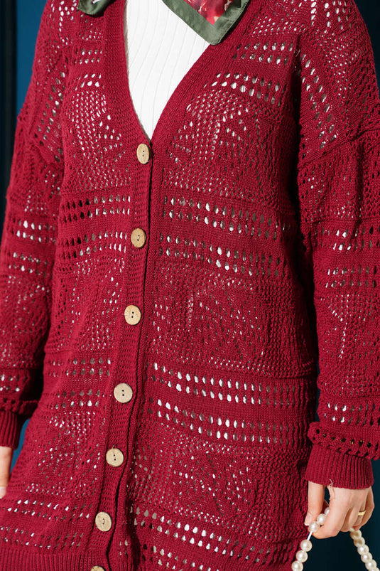 Ahşap Düğmeli Ajurlu Triko Hırka Bordo