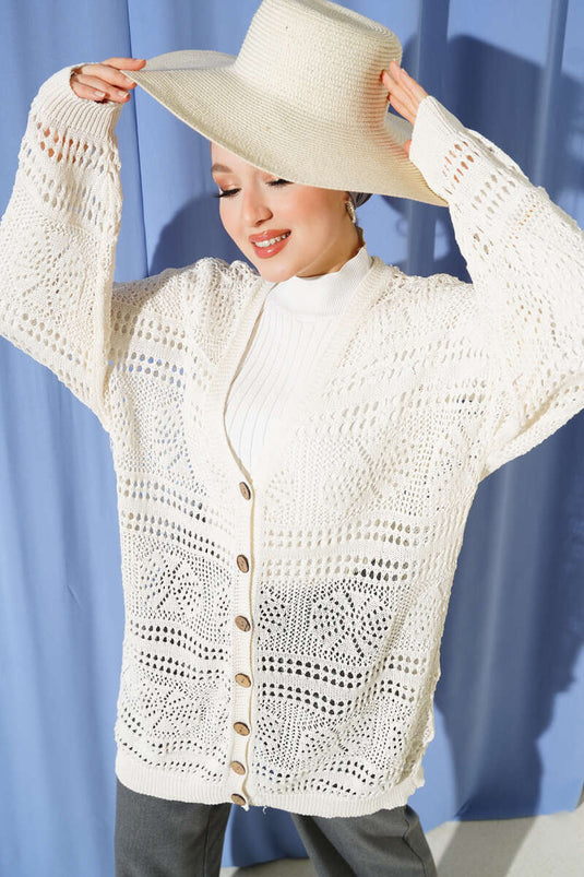 Wooden Button Openwork Knit Cardigan Ecru